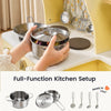 A person's hands are shown holding a stainless steel saucepan and lid on a play kitchen countertop. The top half shows the hands in a play kitchen setting, while the bottom half features text reading 'Full-Function Kitchen Setup' and smaller product illustrations of the cookware and utensils.