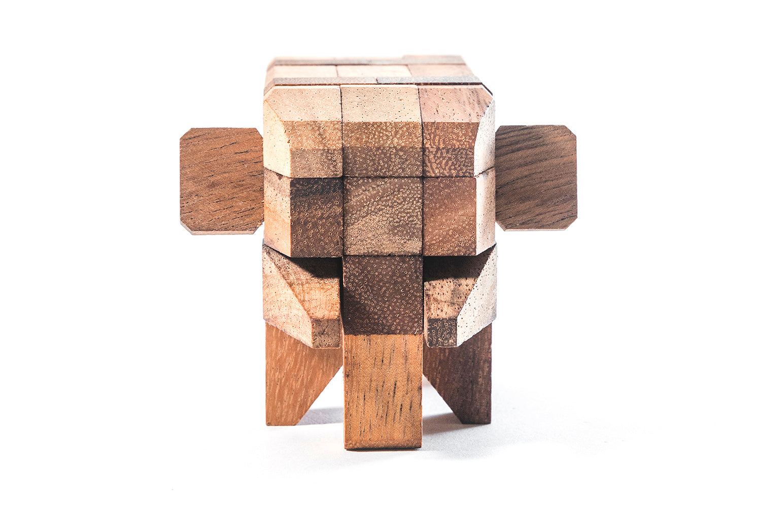 Assembled 14-piece wooden elephant brain teaser puzzle by Kubiya Games