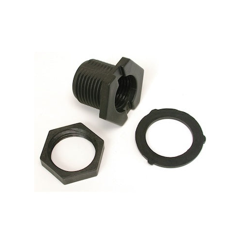Bulkhead fitting 3/4 inch male hose x 1/2 inch FPT gravity system water reservoir connector – detail view