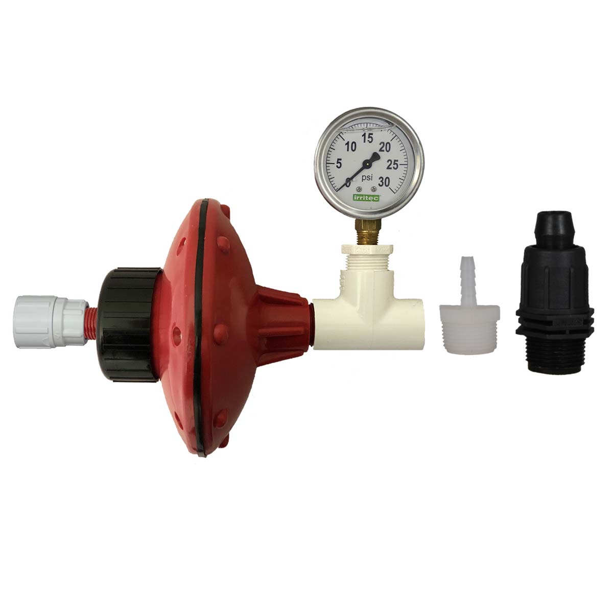 Blumat whole-system adjustable pressure reducer with 0–30 PSI gauge, showing black adjustment collar and inlet outlet connections