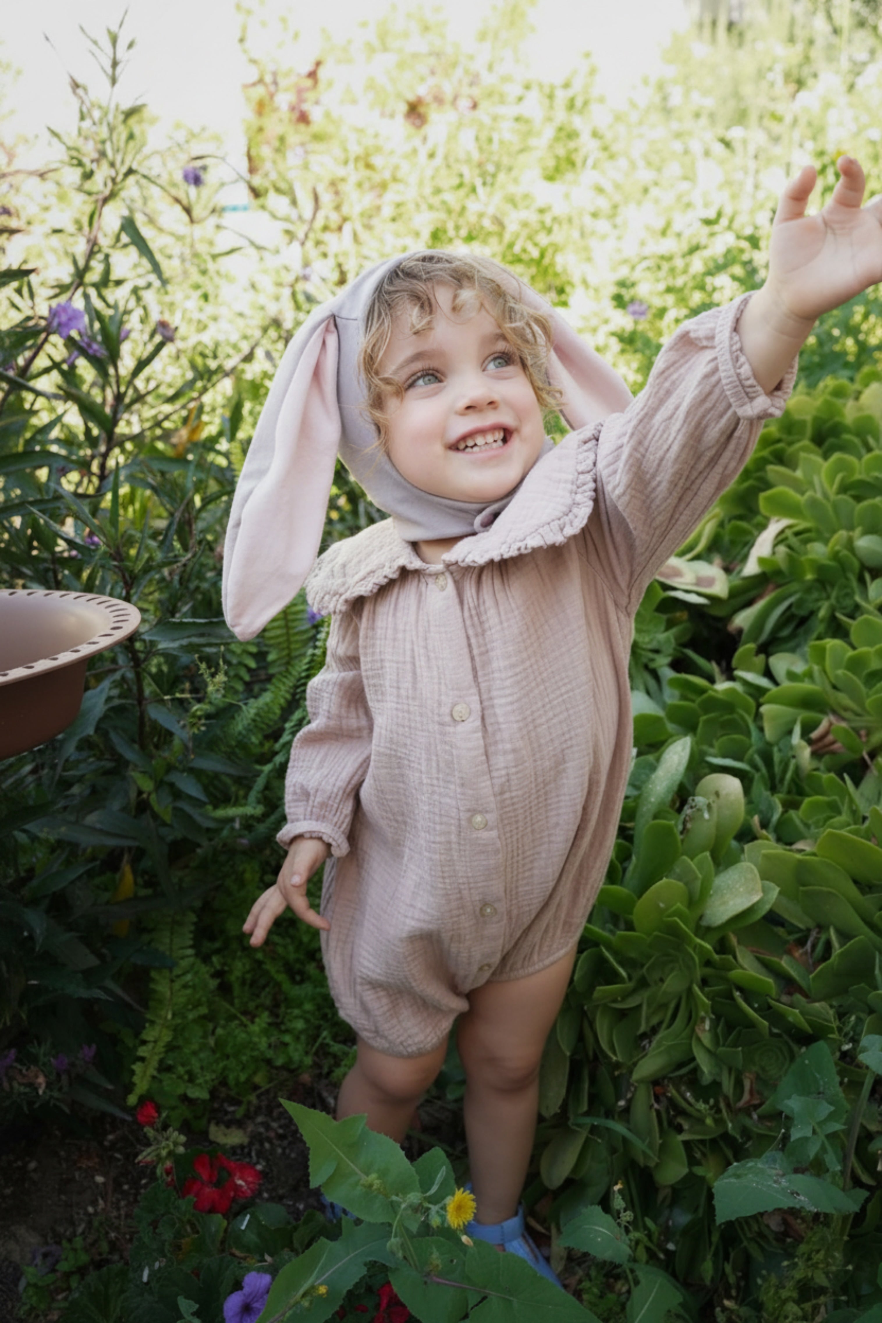 Gray Bunny Bonnet shown from the side highlighting the lop-ear design