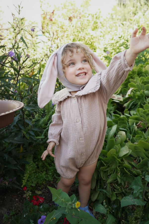 Gray Bunny Bonnet shown from the side highlighting the lop-ear design