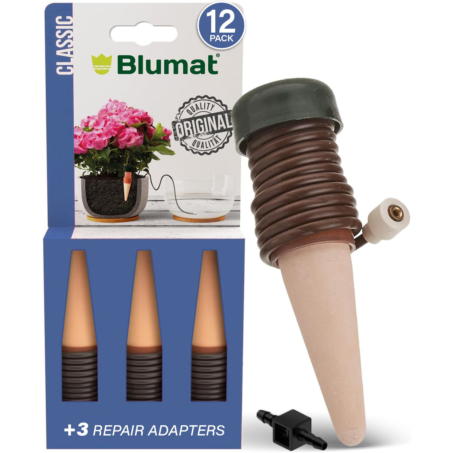 Close-up of Blumat Classic ceramic cone and green cap components