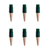 Set of six wooden plant markers with green plastic caps on a white background