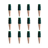 Set of 16 wooden tent stakes with green plastic tips on a white background