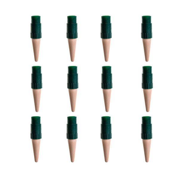 Set of 16 wooden tent stakes with green plastic tips on a white background