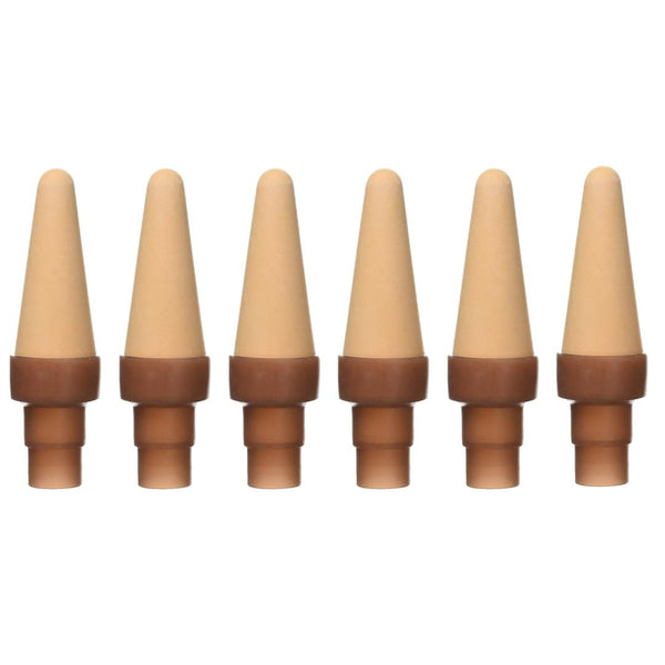 Set of six beige and brown cone-shaped objects on a white background