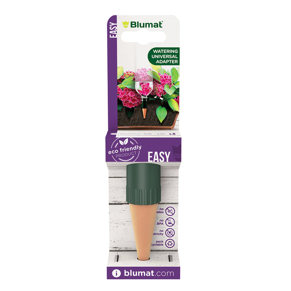 Blumat Easy Bottle Adapter self-watering plant stake with porous cone inserted into soil