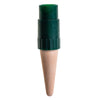 Green plastic cap on a wooden stake against a white background