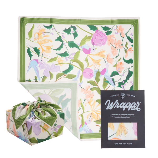 Floral gift wrap with a matching box and a 'Wrapper' brand label.