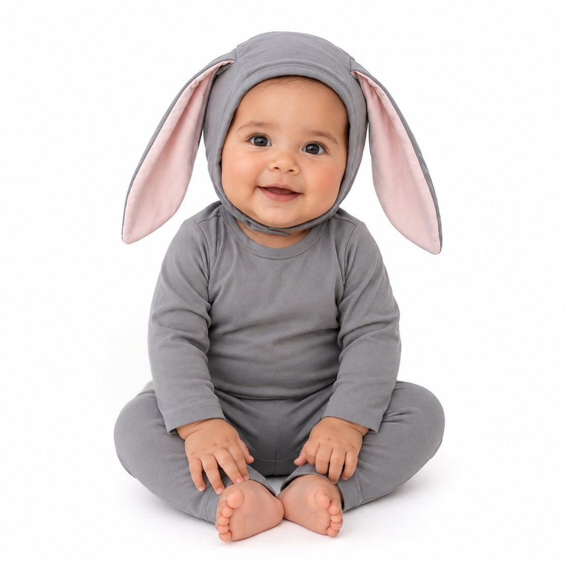 Baby Grey Bunny Halloween Costume pajama set with lop-eared bonnet and tail