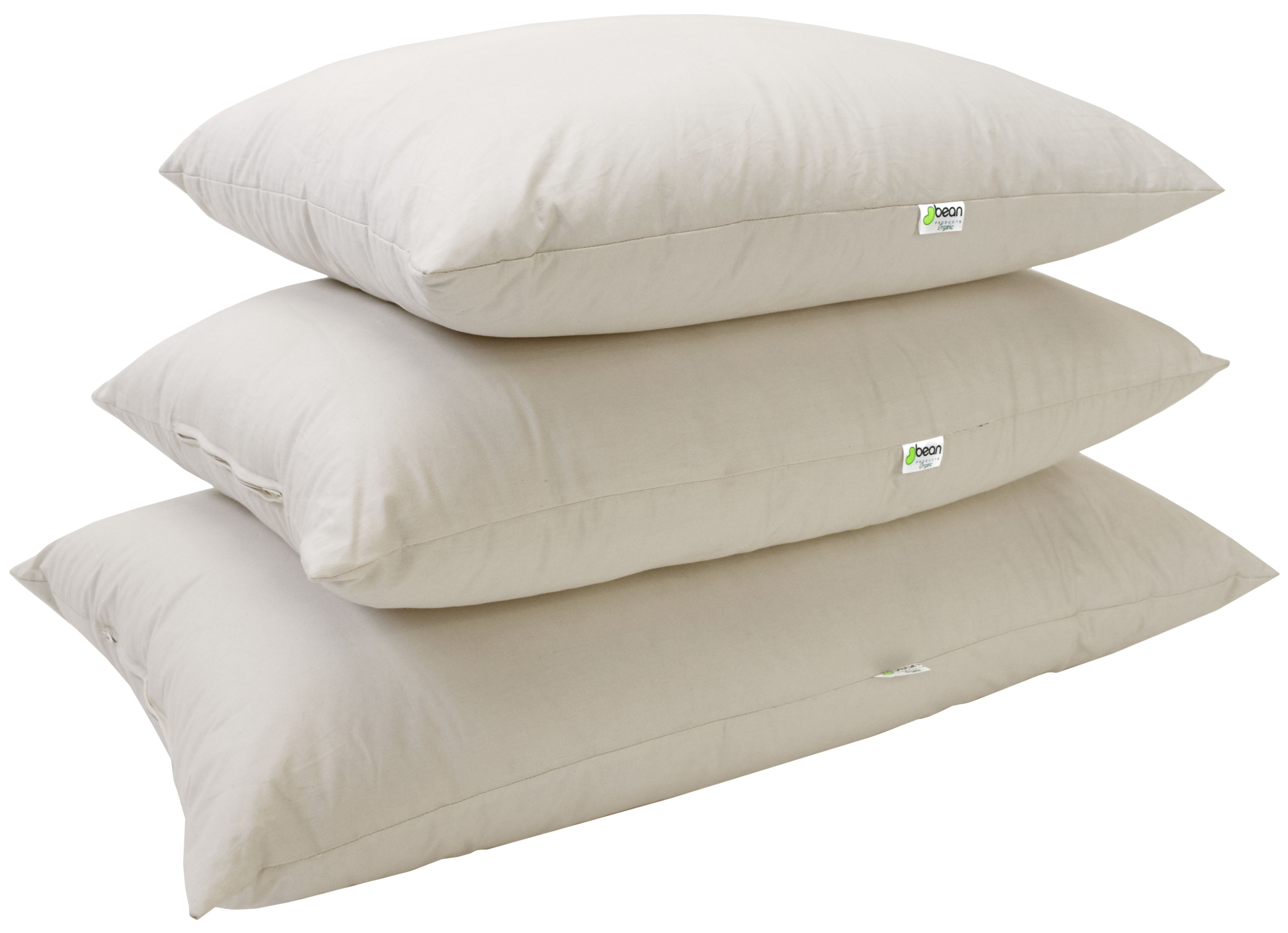 Three white pillows stacked on a white background with a visible brand logo.