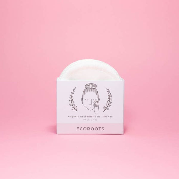 Ecoroots organic reusable facial rounds packaging on a pink background