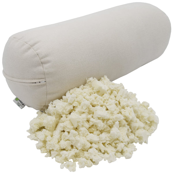 White cylindrical pillow with crumpled white fabric on a white background