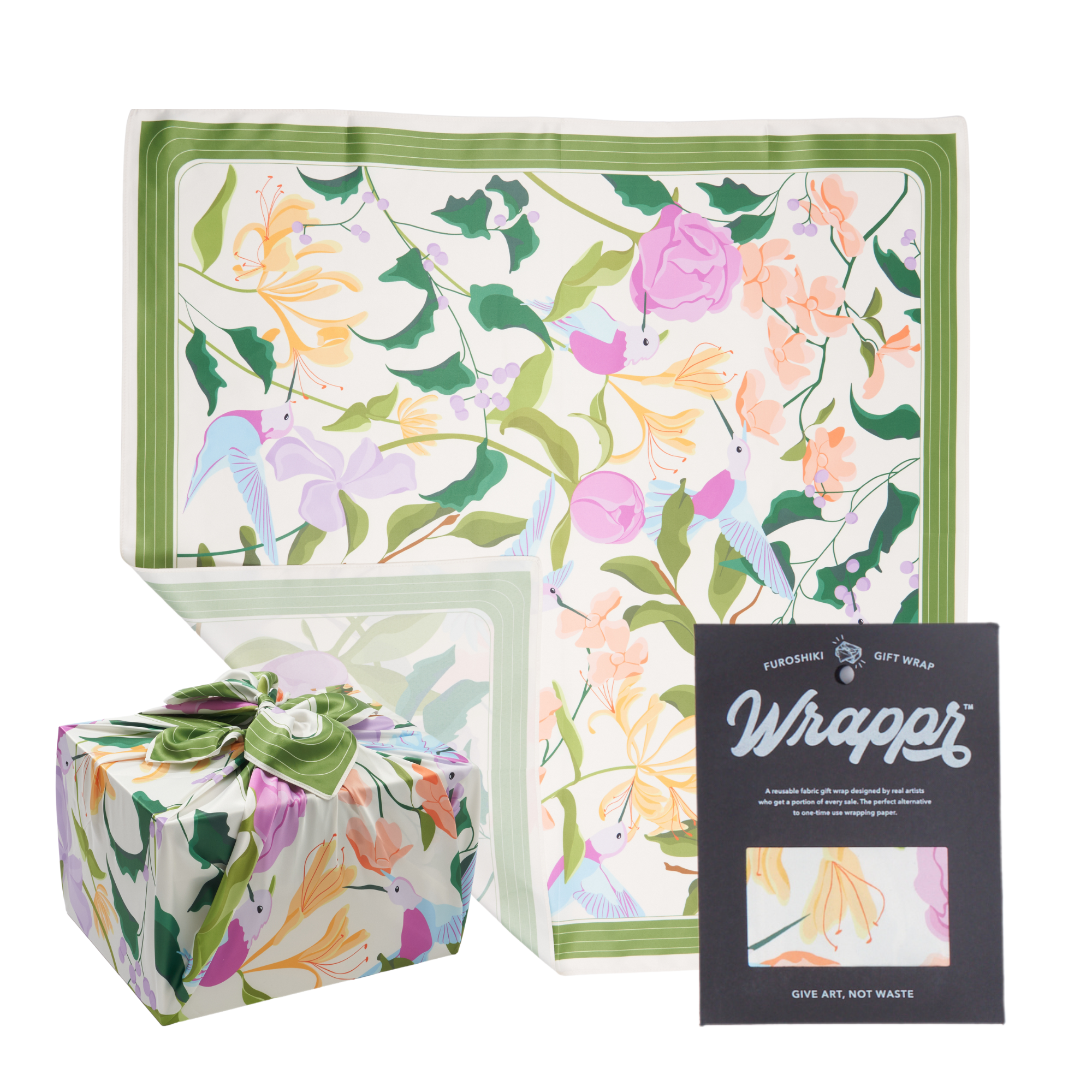 Furoshiki reusable gift wrap by Danni Ha featuring a nature-inspired design printed on recycled polyester, 35 inches square