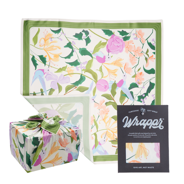 Furoshiki reusable gift wrap by Danni Ha featuring a nature-inspired design printed on recycled polyester, 35 inches square