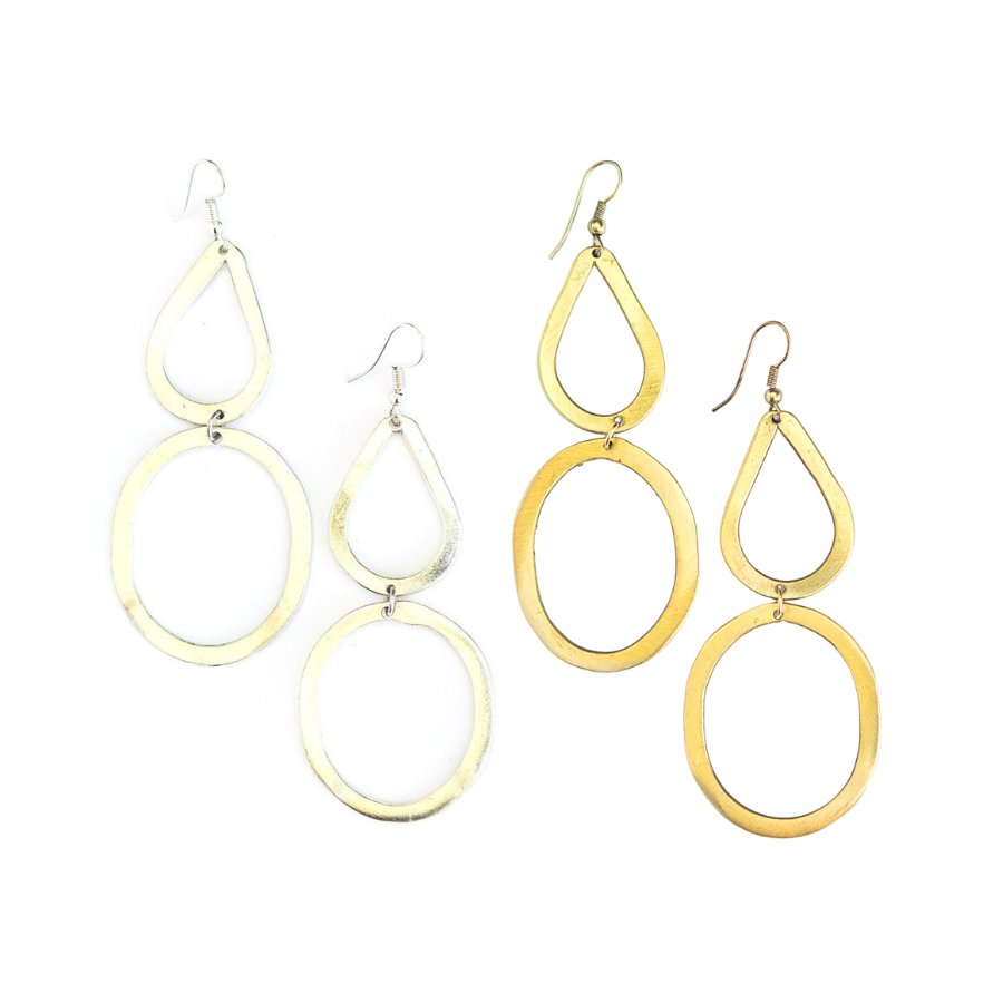Fair Anita Bouldering Earrings in silver-plated recycled metal, large dangle style on model
