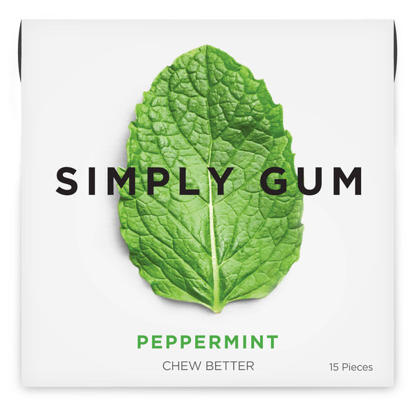 Simply Gum packaging with a green leaf on a white background, Get a fresh, clean feeling with our Peppermint Natural Chewing Gum. Made with organic cane sugar and natural chicle, this plastic-free and eco-friendly gum is a delicious on-the-go essential.
