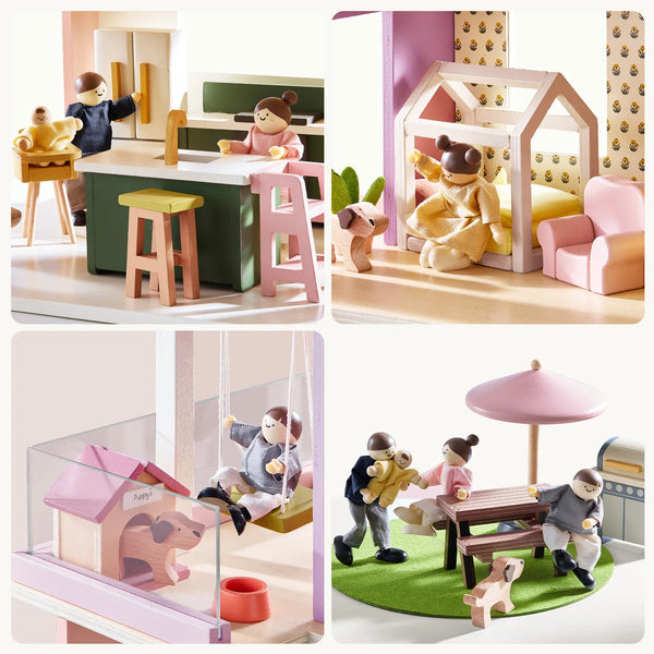 Collage of wooden toy figures and furniture in various settings