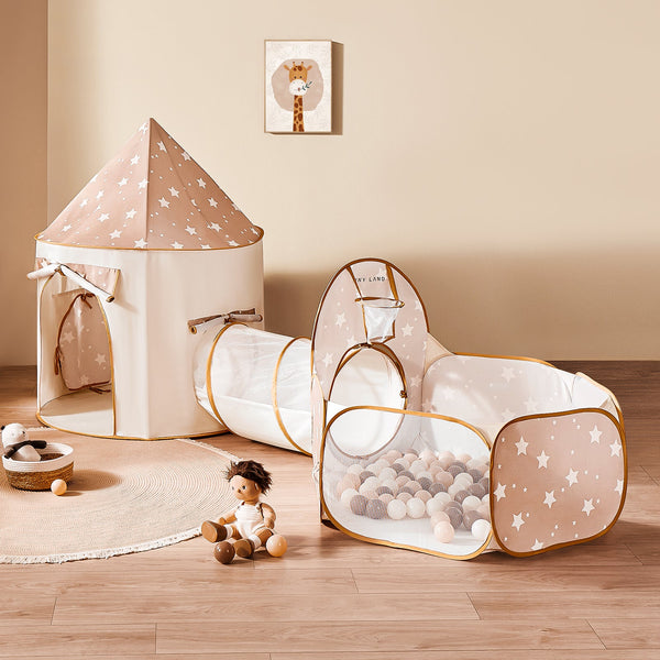 Children's play tent with star pattern on a wooden floor