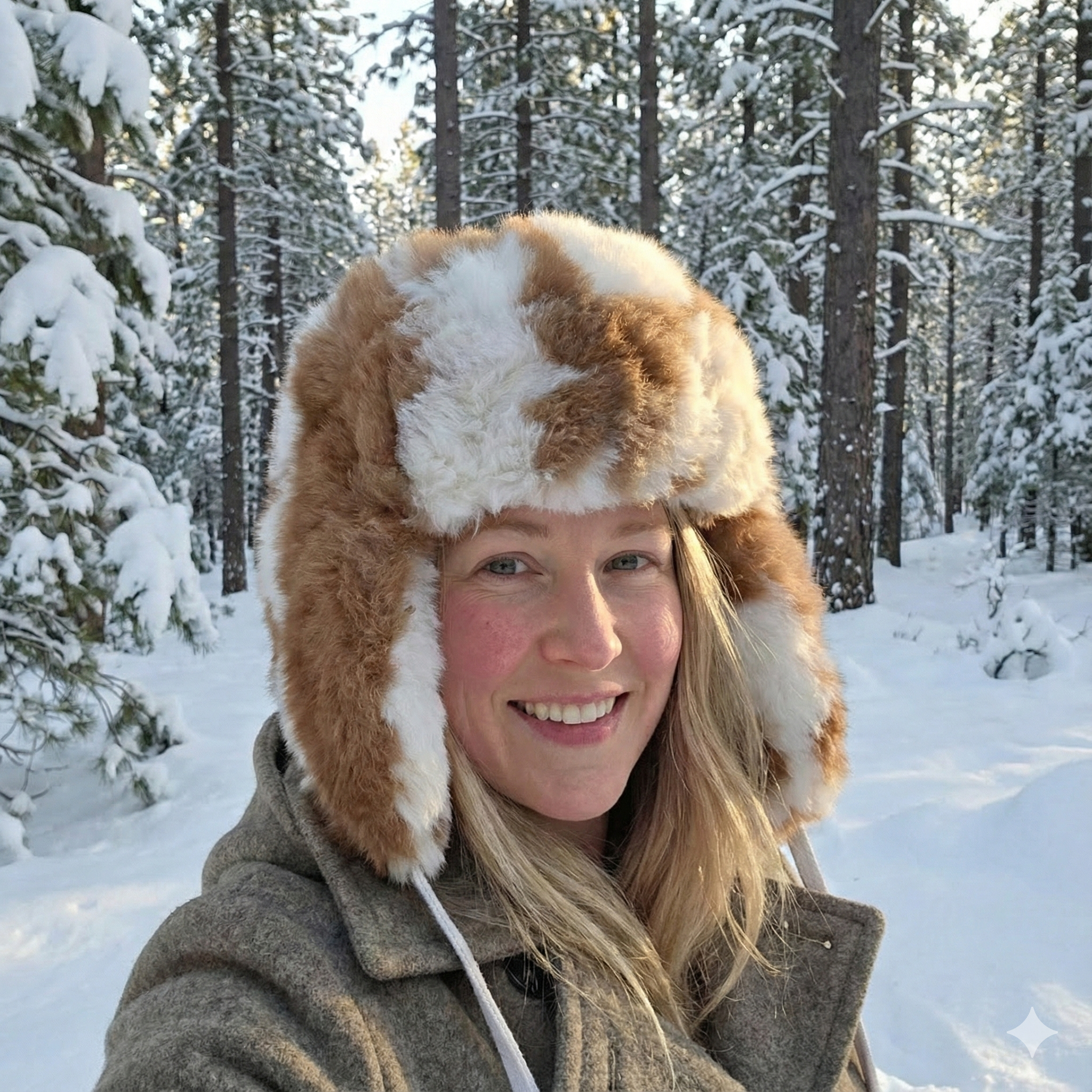 Person wearing a fur-trimmed hat in a snowy forest