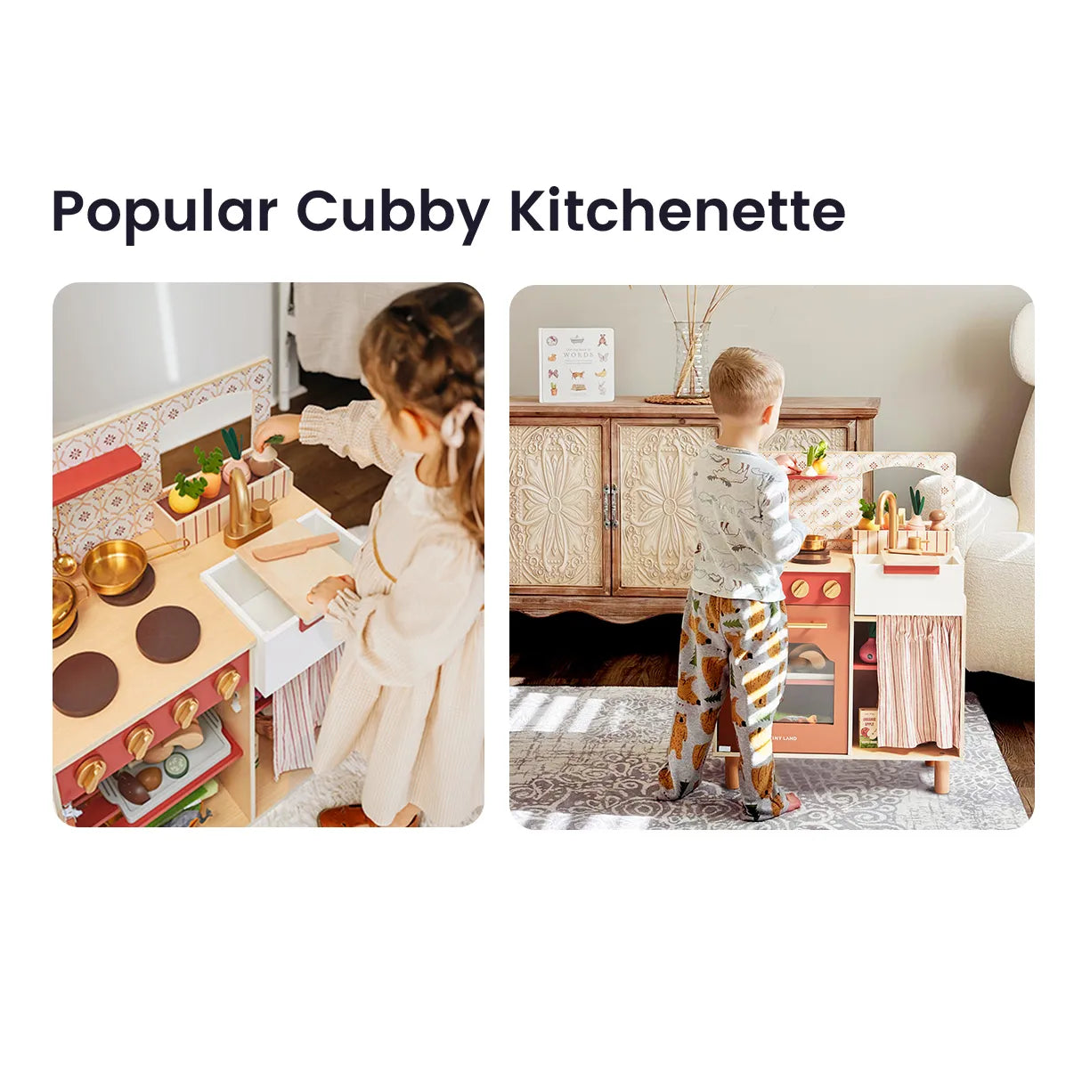 A children's play kitchen set shown in two lifestyle photos side by side under the heading 'Popular Cubby Kitchenette.' The left photo shows a young girl standing at the play kitchen counter with pretend food and utensils.