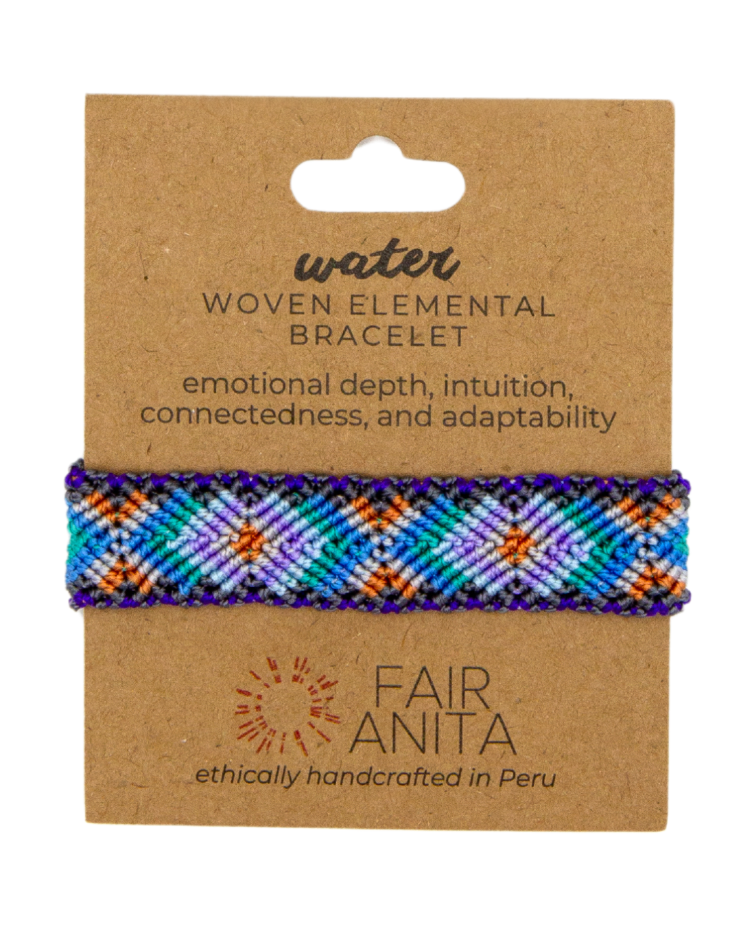 Close-up of hand knotted elemental bracelet showing cotton thread detail and sliding knot closure