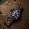 Sydney wooden chronograph watch with walnut band displayed on a flat surface