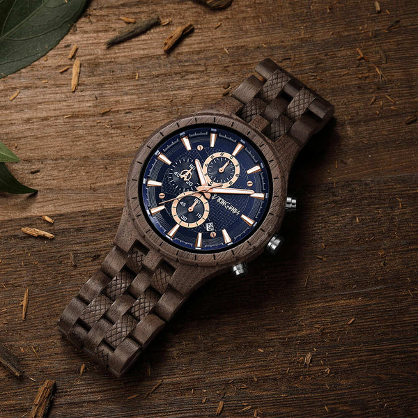 Sydney wooden chronograph watch with walnut band displayed on a flat surface