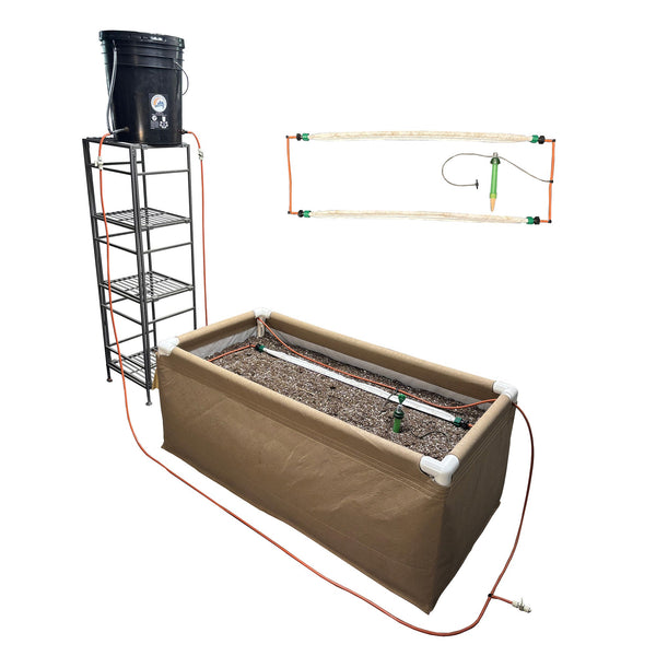 A hydroponic gardening system with a grow bed, shelves, and lighting equipment on a white background.