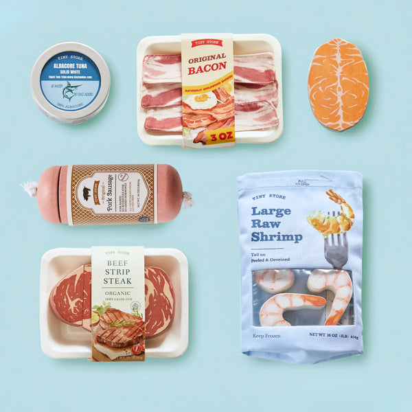 Tiny Land organic wooden meat and seafood play food set with 6 pieces including steak, shrimp and salmon