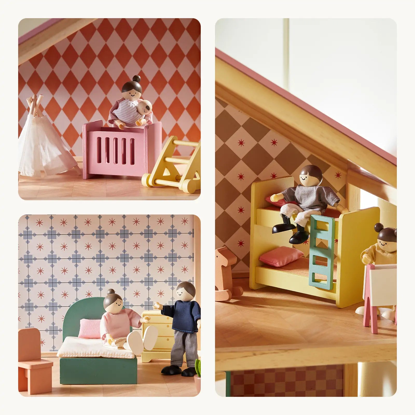Collage of a dollhouse with furniture and dolls on a white background
