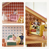 Collage of a dollhouse with furniture and dolls on a white background