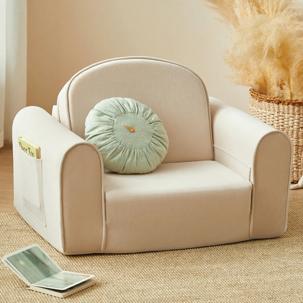 Tiny Land GentleSnug 2-in-1 foldable kids sofa chair in beige white, shown in upright seating position