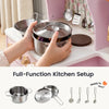 A child's hands are shown holding a stainless steel play kitchen pot and lid over a pink toy kitchen counter. The top half shows the hands-in-use context, while the bottom half has a 'Full-Function Kitchen Setup' banner with additional stainless steel cookware and utensils labeled 'Ready to Play!'.