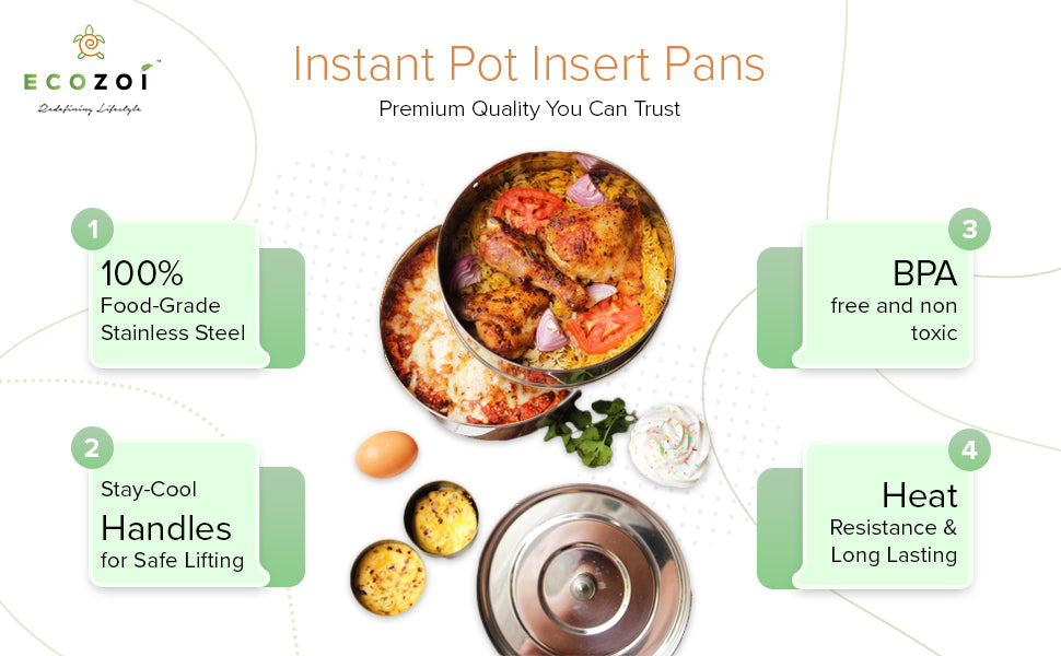 Advertisement for Ecozor Instant Pot Insert Pans with product features highlighted.
