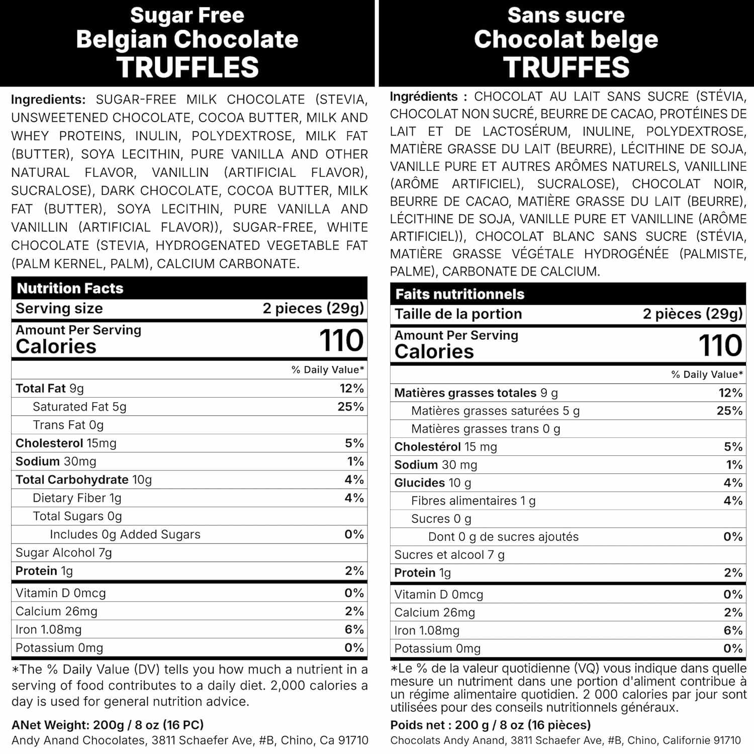Nutrition facts label for sugar-free Belgian chocolate truffles with ingredients list.