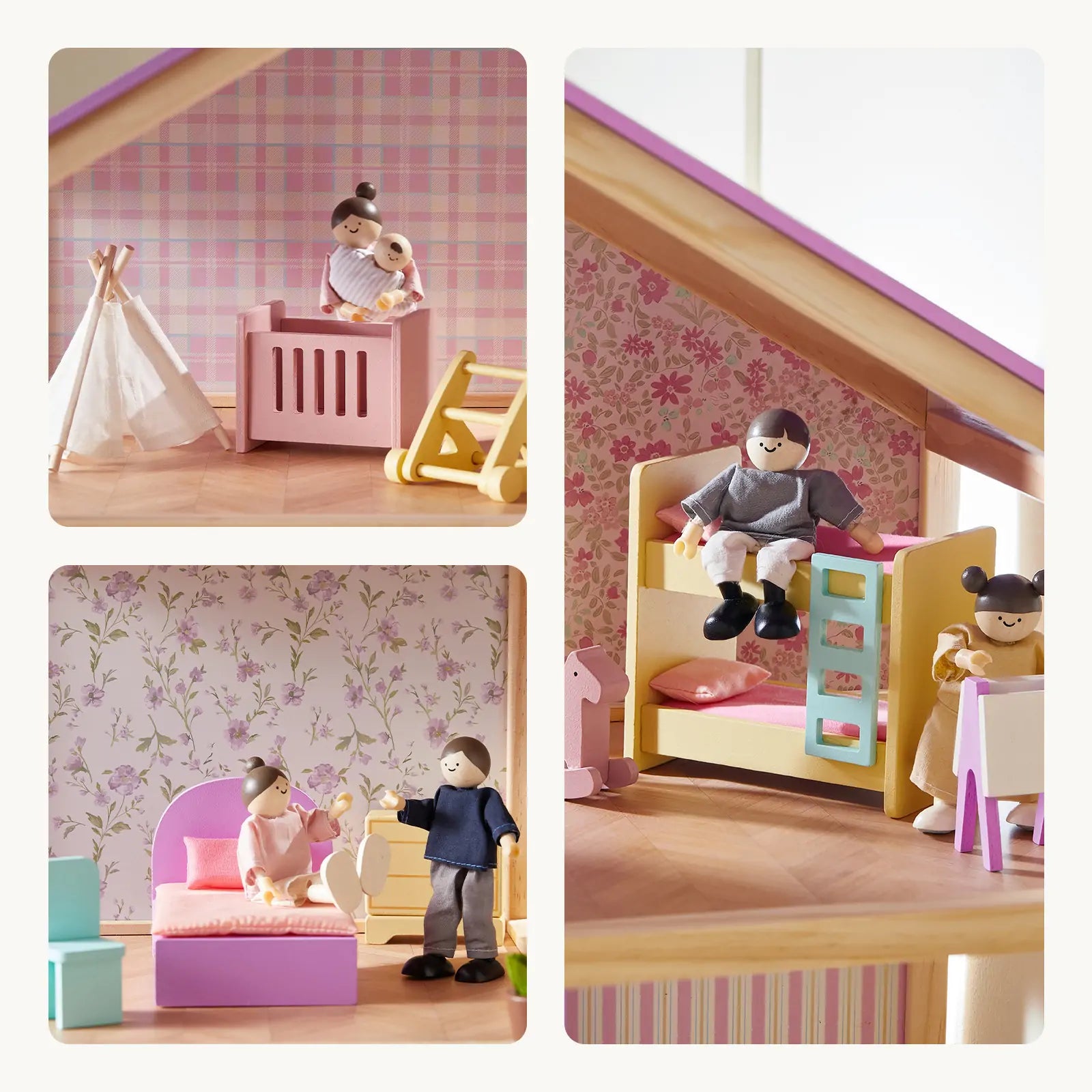 Collage of a toy dollhouse with furniture and dolls in a room setting.