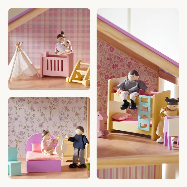 Collage of a toy dollhouse with furniture and dolls in a room setting.