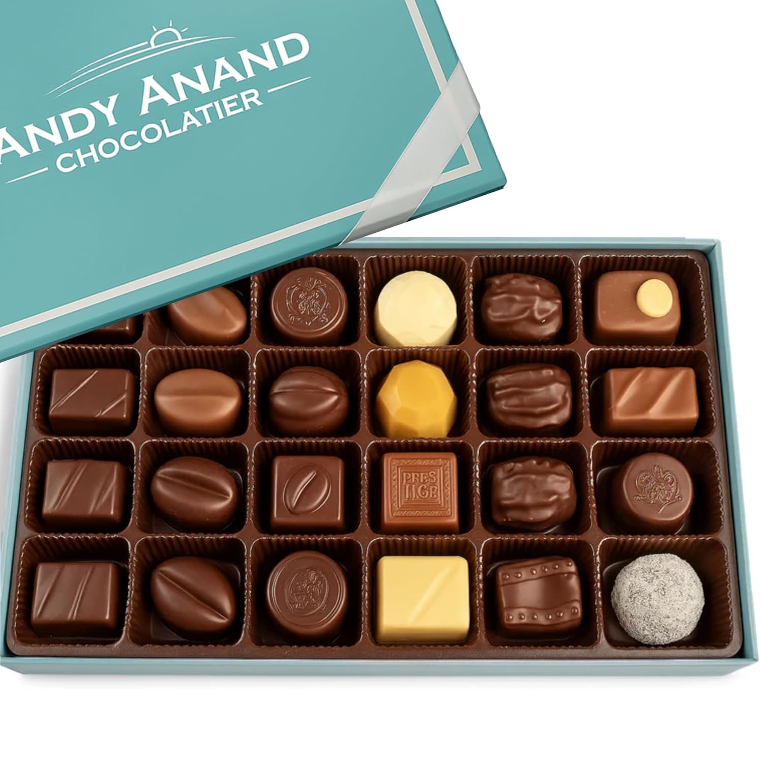 Box of chocolates from Andy Anand Chocolatier with a teal lid.