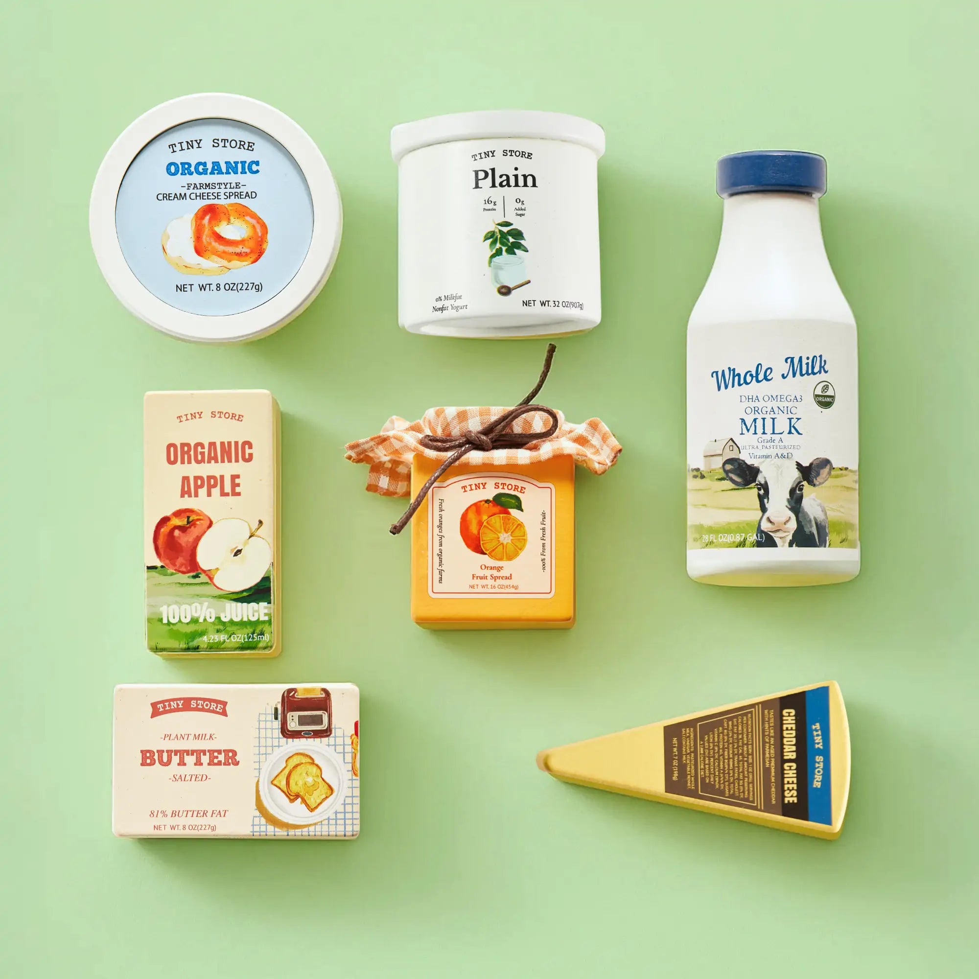 Tiny Land Organic Dairy Play Food Set with 7 wooden pieces including milk, butter, cheese and yogurt