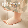 Baby's foot on a soft surface with text 'Quick-Rebound, No-Sag' in the background.