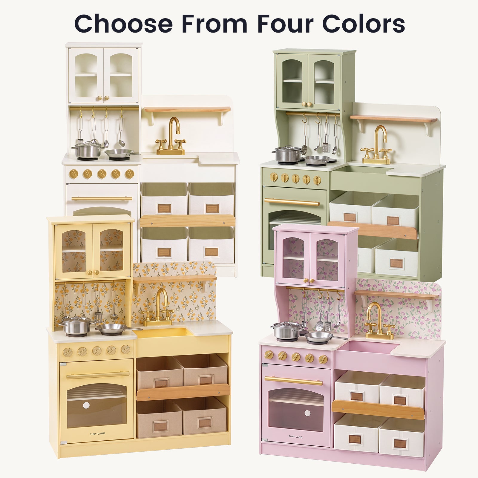 Four pastel-colored wooden toy kitchen sets arranged on a light gray background under the text 'Choose From Four Colors.' The sets include cream, sage green, pale yellow, and pink kitchens, each with cabinets, stove, oven, sink, floral backsplash, and gold-tone faucet details.