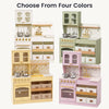 Four pastel-colored wooden toy kitchen sets arranged on a light gray background under the text 'Choose From Four Colors.' The sets include cream, sage green, pale yellow, and pink kitchens, each with cabinets, stove, oven, sink, floral backsplash, and gold-tone faucet details.
