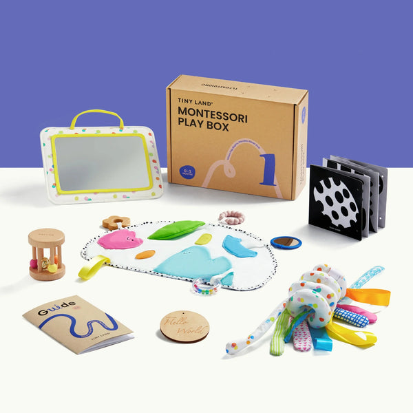 Collection of educational toys and a Montessori play box on a white surface with a blue background