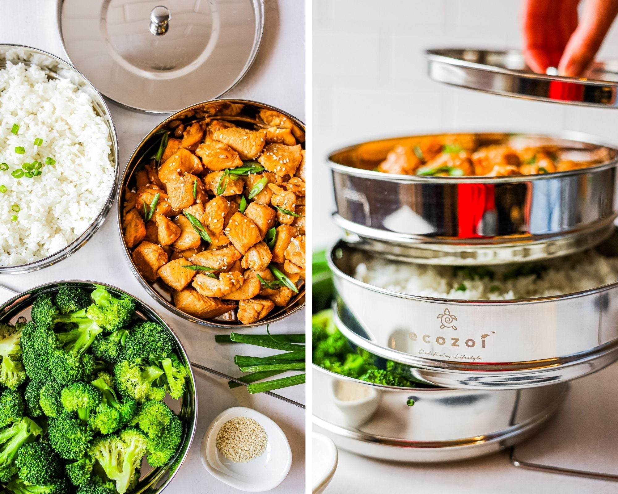 Ecozoi stackable steamer insert pans filled with food cooking simultaneously inside a pressure cooker