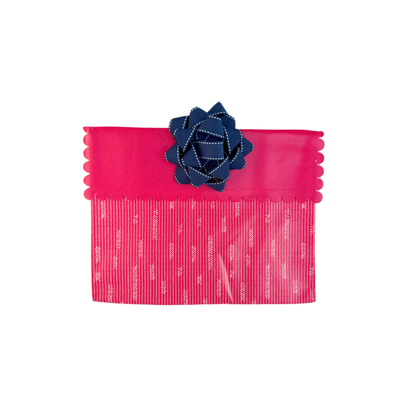 EverBow Navy attached to an EverWrap gift bag as a decorative finishing touch