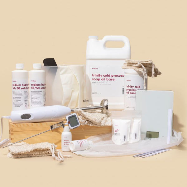 Pro cold process soap making kit by makesy® with 95+ tools, ingredients, lye solution, and the Bubble Book included