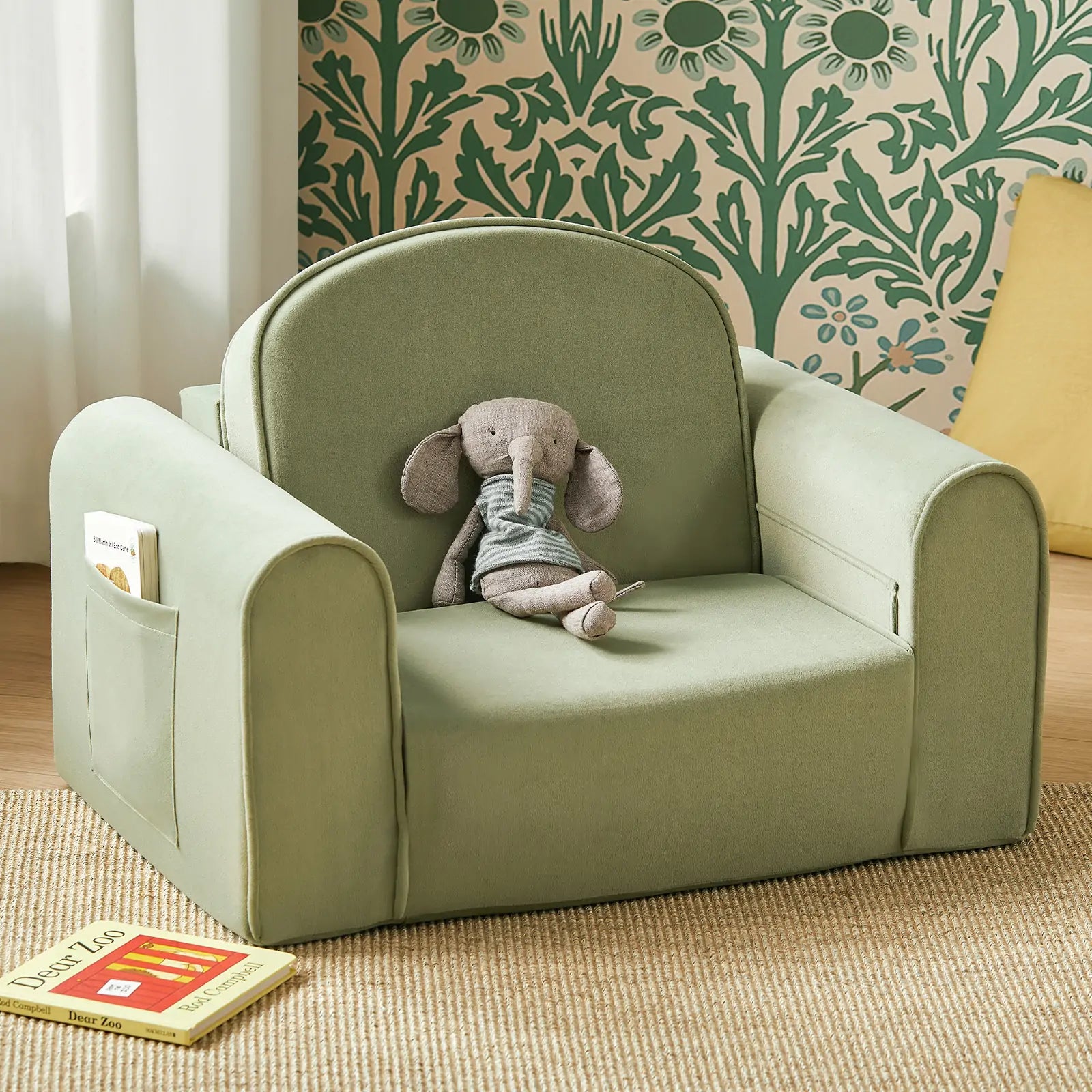 Tiny Land GentleSnug kids foldable sofa chair in sage green shown as a couch