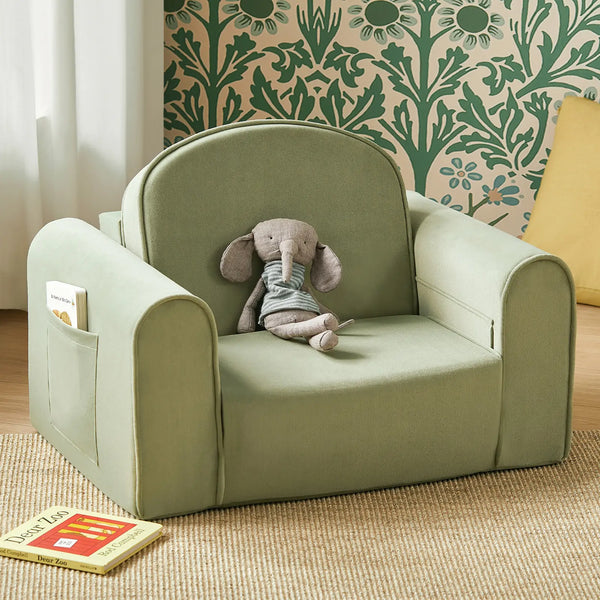Tiny Land GentleSnug kids foldable sofa chair in sage green shown as a couch